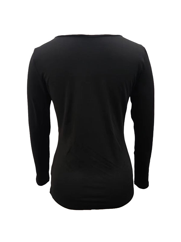 False Two Long Sleeves Rhine Stones Split-Joint Square-Neck T-Shirts Tops