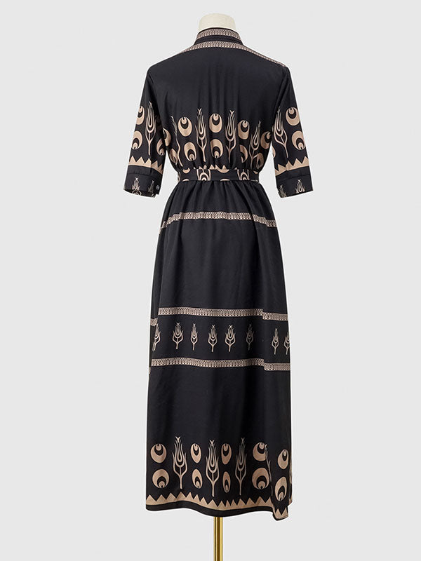 A-Line Half Sleeves Buttoned Tied Waist Lapel Midi Dresses