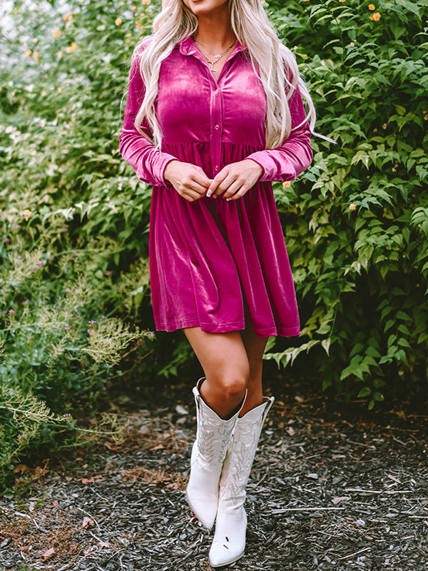 Long Sleeves Loose Pleated Split-Joint Velvet Lapel Mini Dresses Shirt Dress