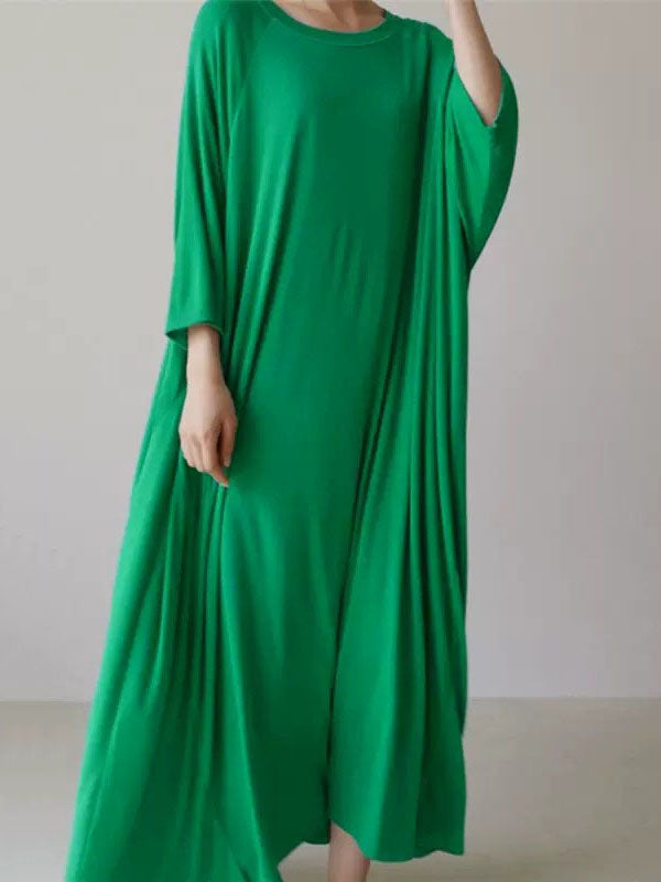 Loose Three-Quarter Sleeves Solid Color Round-Neck Maxi Dresses