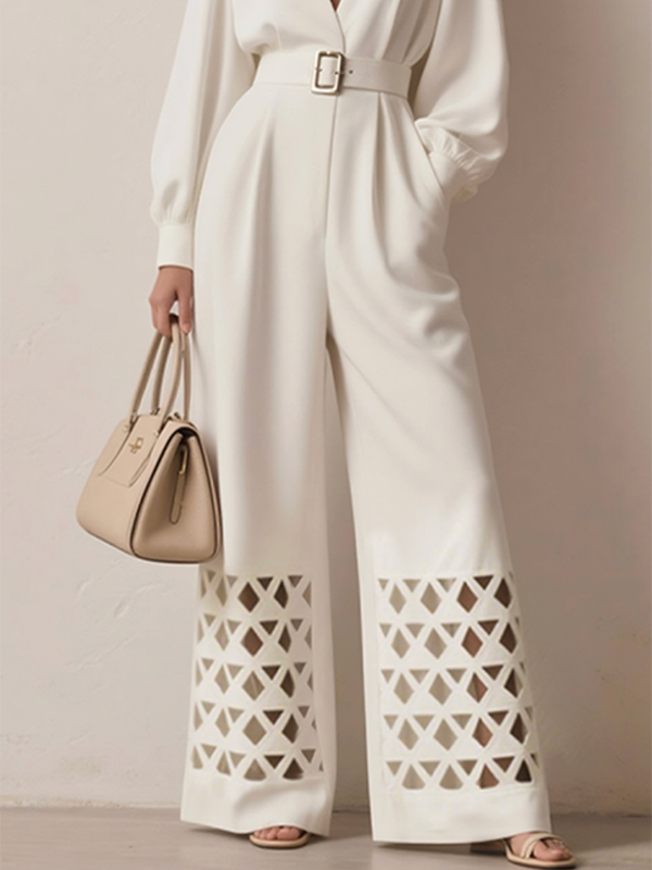 Long Sleeves Puff Sleeves Belted Hollow Solid Color Deep V-Neck Jumpsuits