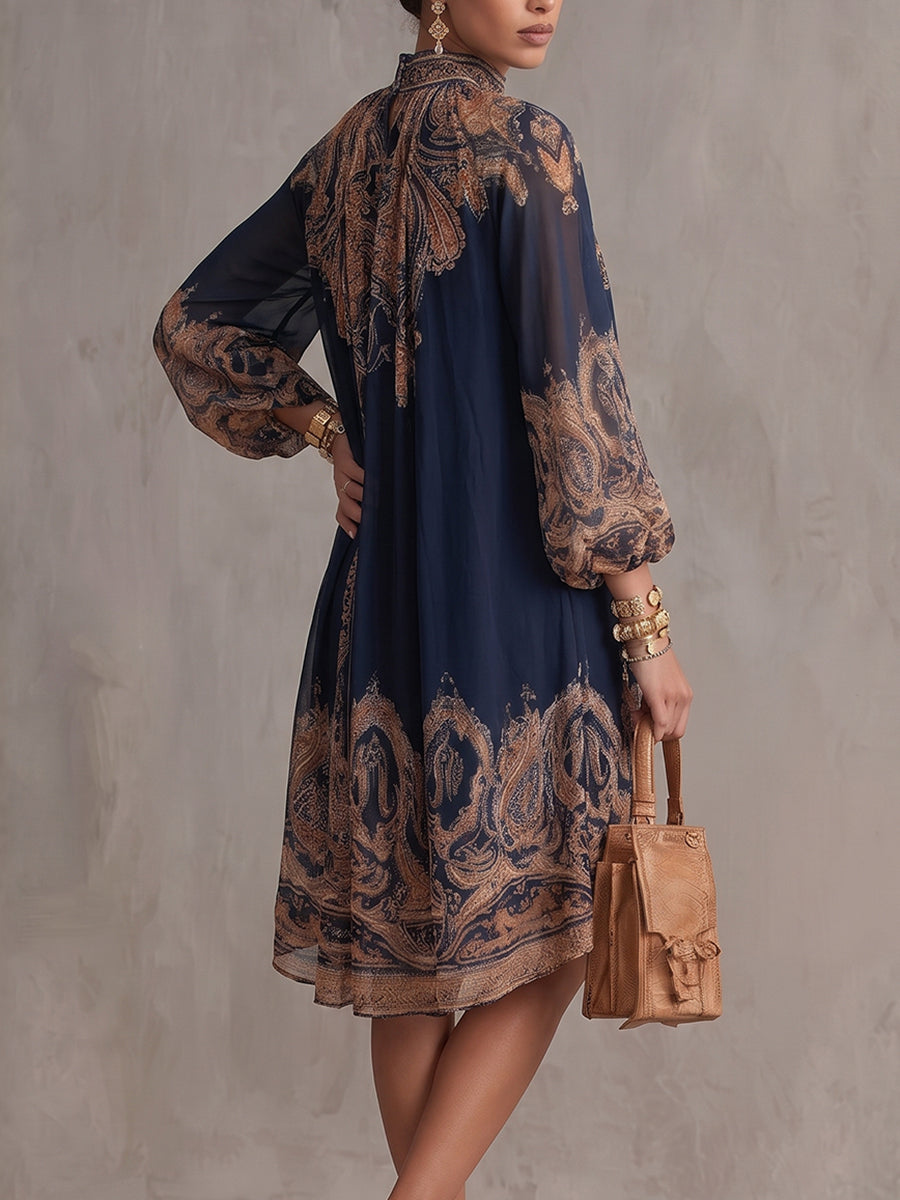 High-Low Long Sleeves Pleated Printed Mock Neck Mini Dresses
