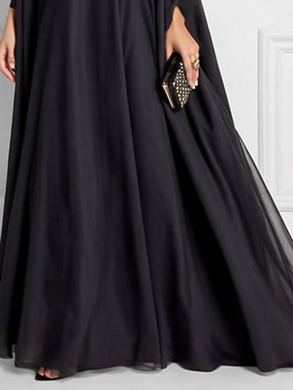 Batwing Sleeves Loose Jacquard See-Through Solid Color Split-Joint Three-Dimensional Flower Round-Neck Maxi Dresses