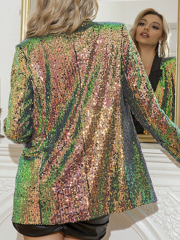Long Sleeves Wrap Multi-Colored Sequined Lapel Blazer Jackets