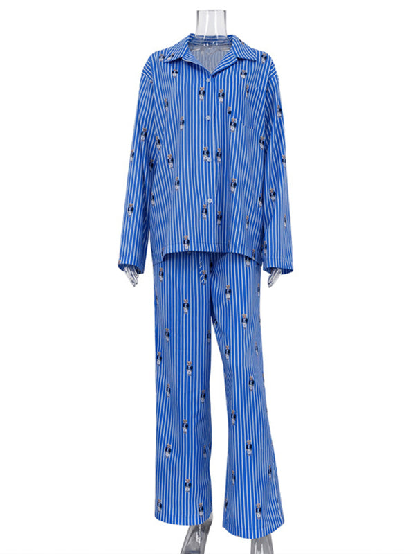 Long Sleeves Buttoned Cartoon Printed Contrast Color Striped Lapel Blouses Tops + Tied Waist High Waisted Pants Bottom Two Pieces Set