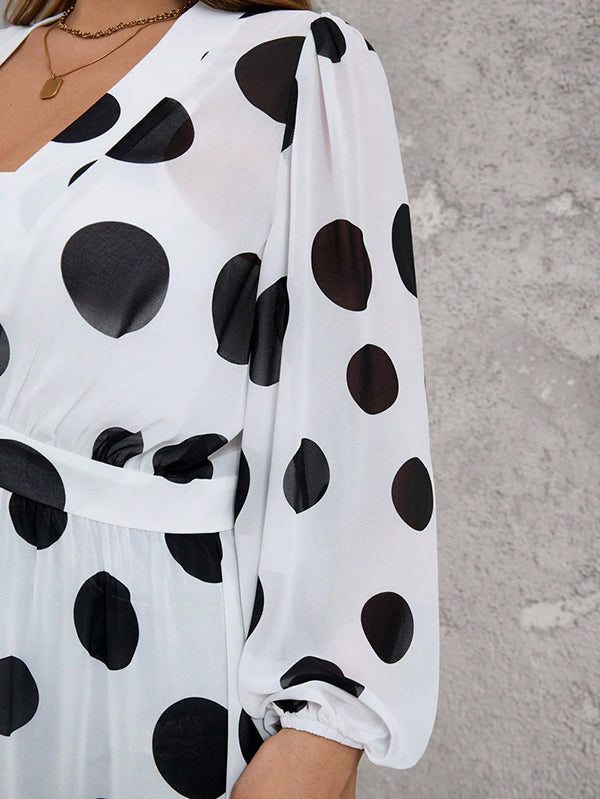 High Waisted Long Sleeves Pleated Polka-Dot See-Through Split-Joint Deep V-Neck Maxi Dresses Outerwear