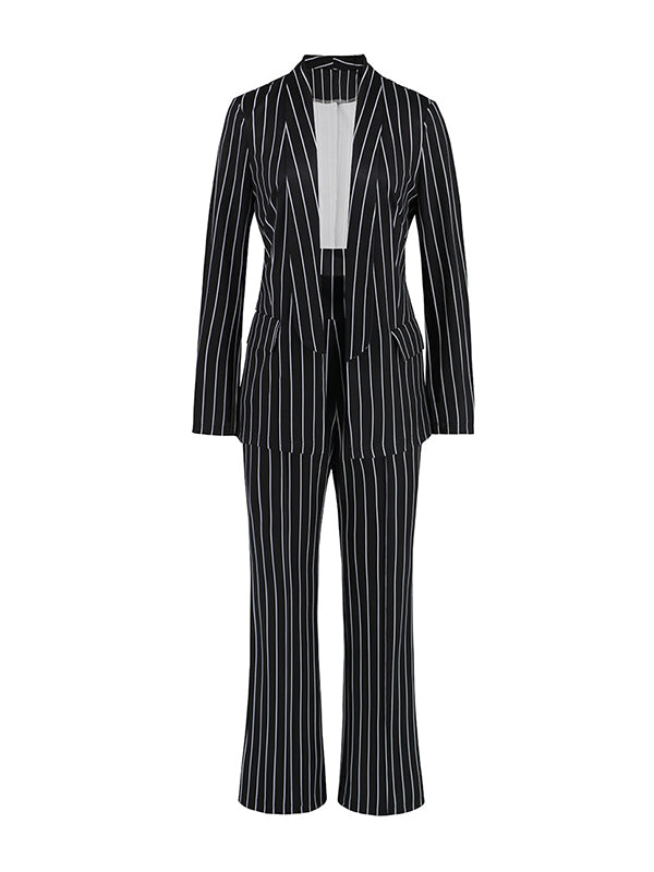 Long Sleeves Striped Lapel Blazer Top + Wide Leg Pants Bottom Two Pieces Set