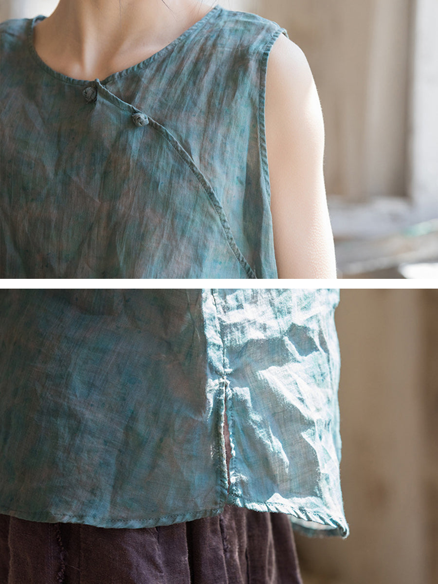 Women Summer Retro Flower Button Ramie Vest