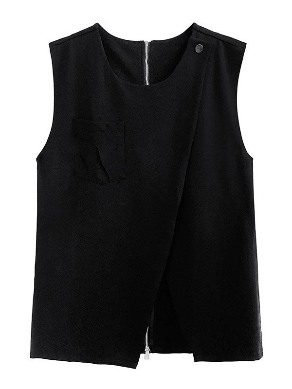 Loose Sleeveless Asymmetric Zipper Round-Neck Vest Top