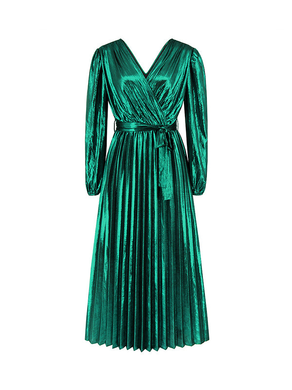High Waisted Long Sleeves Bronzing Elasticity Pleated Solid Color Tied Waist Deep V-Neck Maxi Dresses