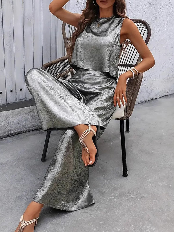 Loose Sleeveless Hollow Shiny Split-Joint Round-Neck Vest Top + Pants Bottom Two Pieces Set