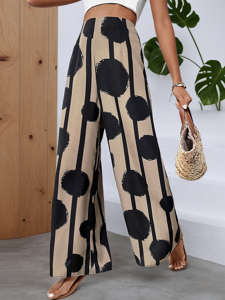 High Waisted Wide Leg Contrast Color Polka Dot Striped Pants Trousers