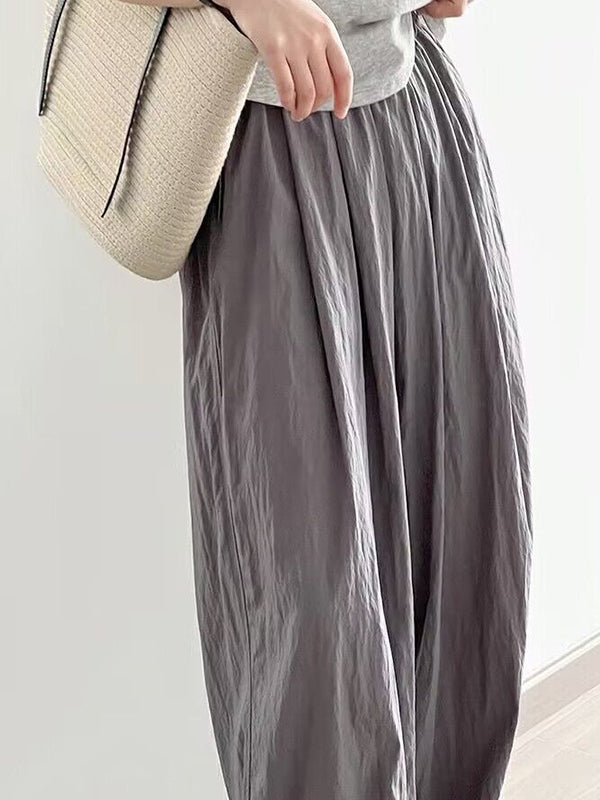 High Waisted Loose Elasticity Pleated Pockets Solid Color Pants Trousers