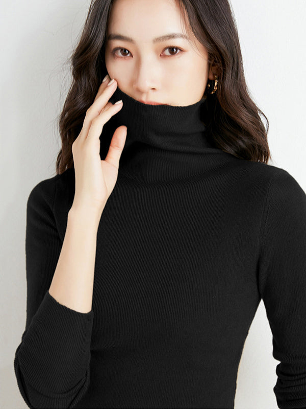 Simple Skinny Long Sleeves Solid Color High-Neck Sweater Tops Pullovers