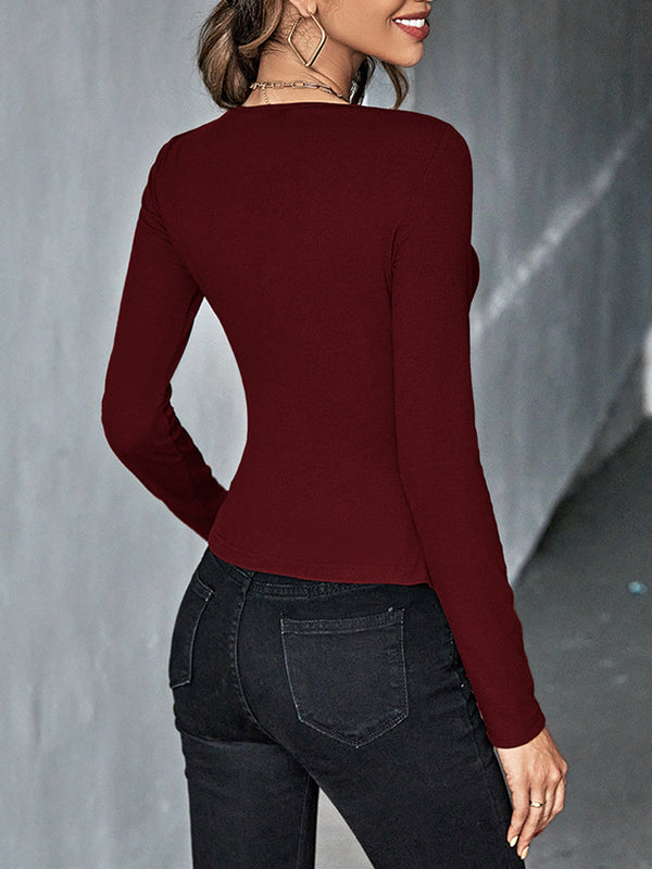 Long Sleeves Skinny Hollow Knot Solid Color Deep V-Neck T-Shirts Tops