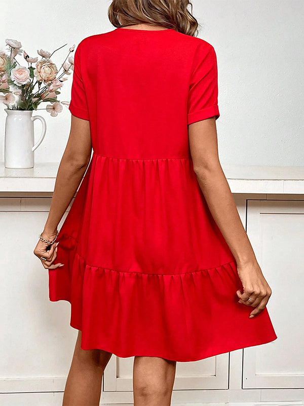A-Line High Waisted Pleated Solid Color Split-Joint V-Neck Mini Dresses