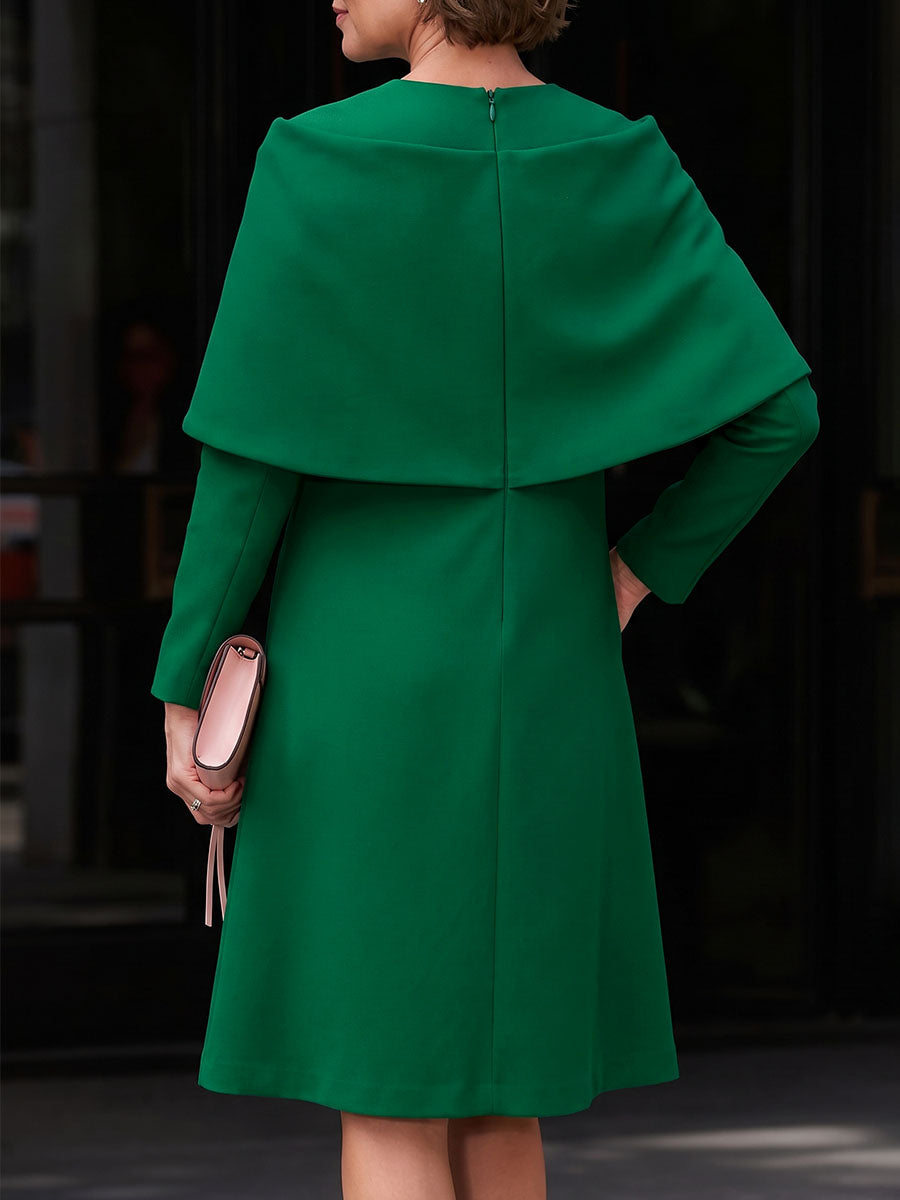 Zipper Solid Color Long Sleeves False Two Round-neck Midi Dresses