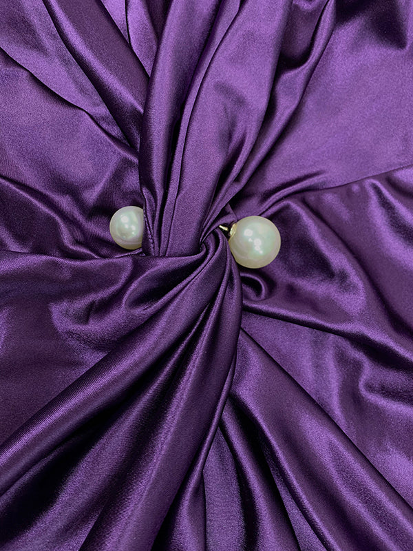 Solid Color Bodycon Long Sleeves Pleated Split-Front Tied Waist Deep V-Neck Maxi Dresses