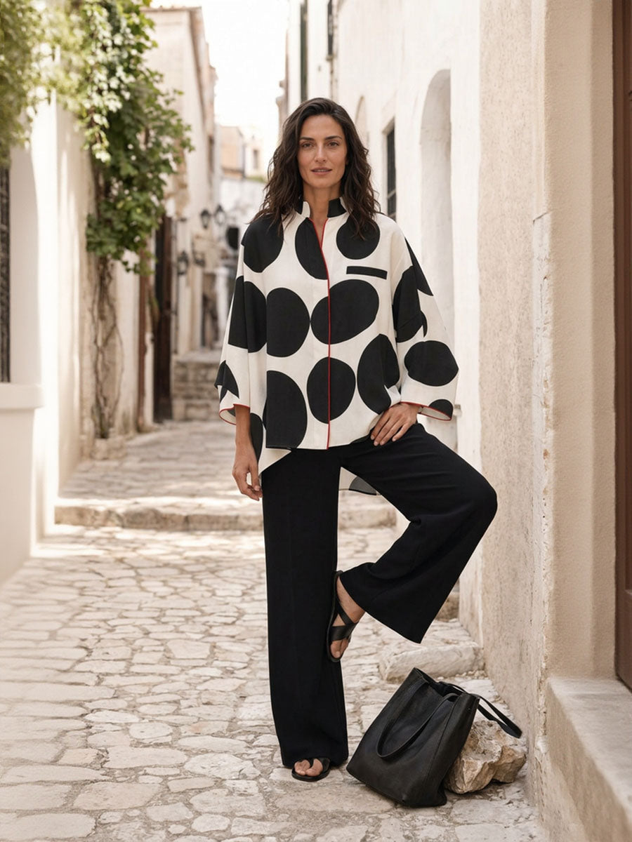 Polka-Dot Contrast Color Three-quarter Sleeves Loose Stand Collar Blouses&shirts Tops