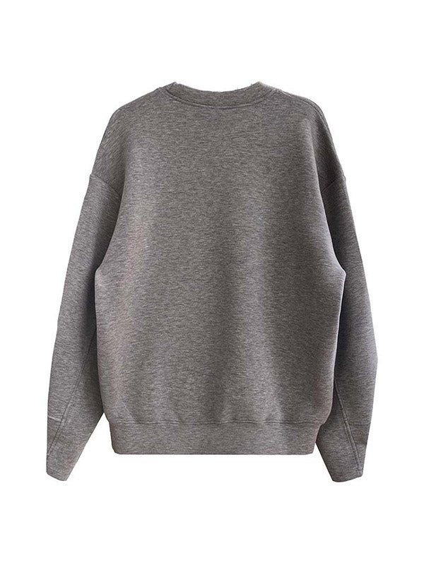 Long Sleeves Loose Solid Color Round-Neck Sweatshirt Tops
