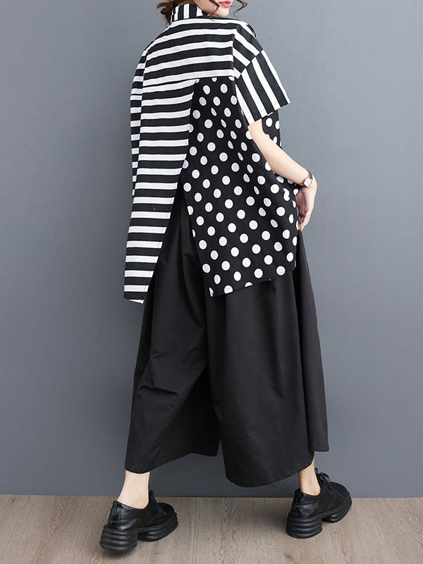 Loose Short Sleeves Buttoned Contrast Color Pockets Polka-Dot Split-Back Split-Joint Striped Lapel Blouses&Shirts Tops
