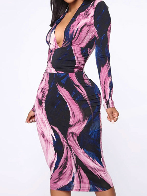 A-Line Long Sleeves Printed Deep V-Neck Midi Dresses