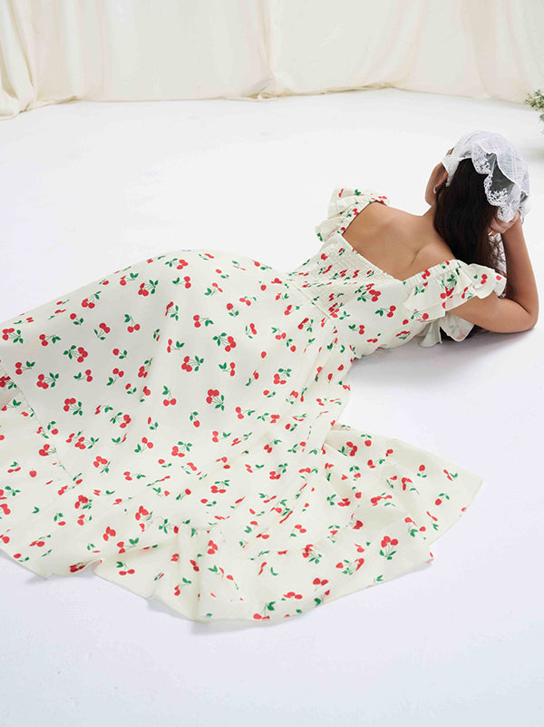 High Waisted Loose Buttoned Elasticity Flower Print Pleated Square-Neck Midi Dresses