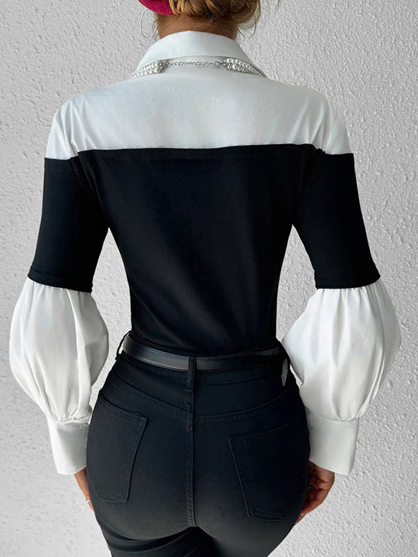 Long Sleeves Loose Buttoned Contrast Color Pleated Split-Joint Lapel Blouses&Shirts Tops