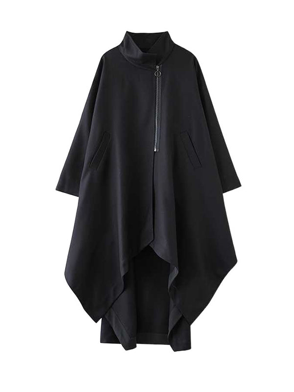 High-low Long Sleeves Pockets Solid Color Split-Joint Zipper Stand Collar Outerwear