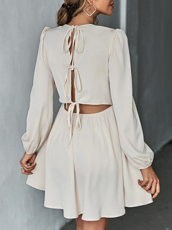 A-Line Bishop Sleeve Backless Elasticity Hollow Pleated Solid Color Tied Round-Neck Mini Dresses