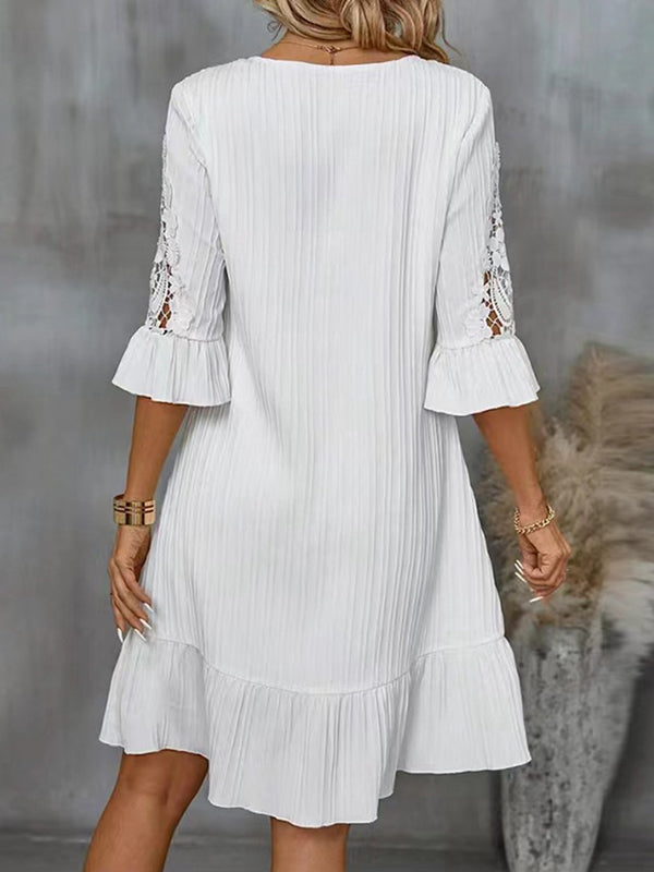 A-Line Flared Sleeves Hollow Solid Color Split-Joint V-Neck Mini Dresses