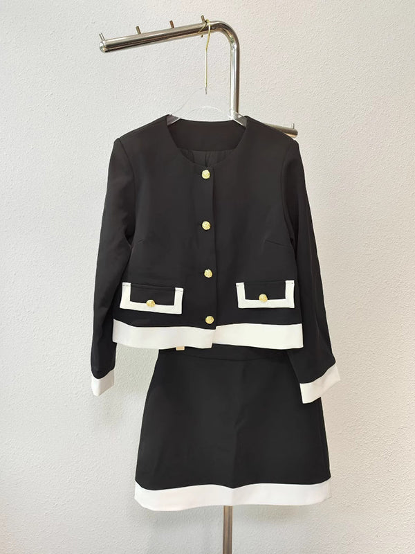 Long Sleeves Buttoned Split-Joint Round-Neck Top + Skirts Bottom Two Pieces Set