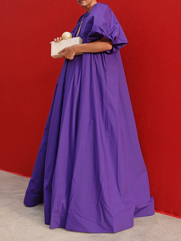 Loose Short Sleeves Elasticity Hollow Solid Color Tied Round-Neck Maxi Dresses