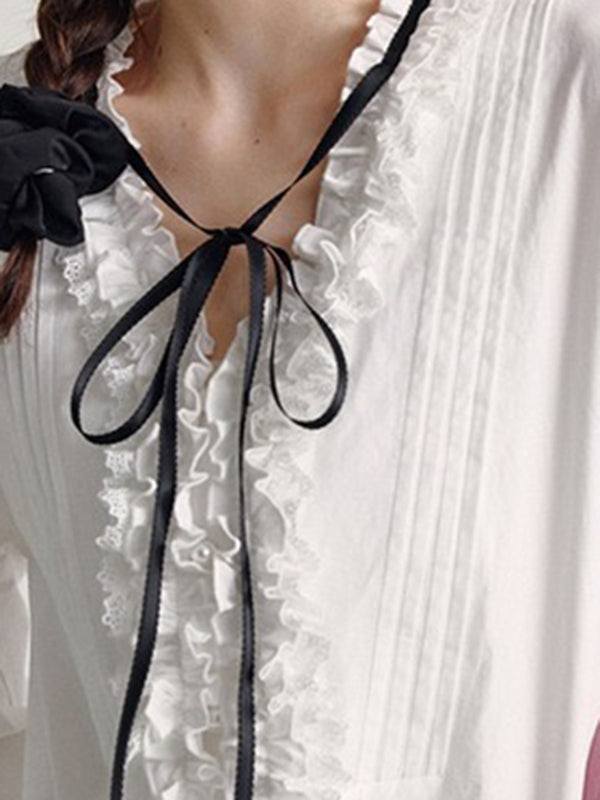 Long Sleeves Loose Ruffled Solid Color V-Neck Blouses&Shirts Tops