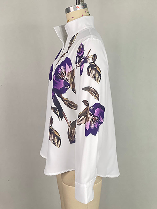Long Sleeves Loose Flower Print Stand Collar Blouses&Shirts Tops