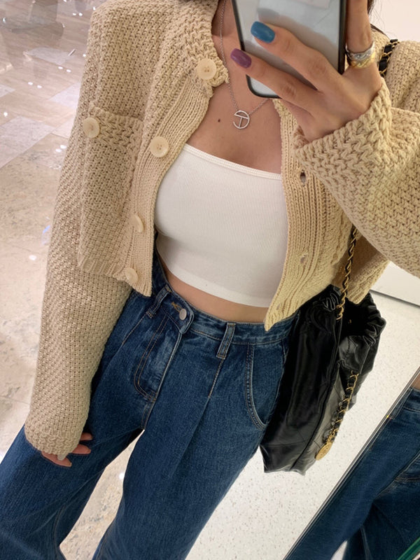 Long Sleeves Buttoned Pockets Solid Color Round-Neck Cardigan Tops