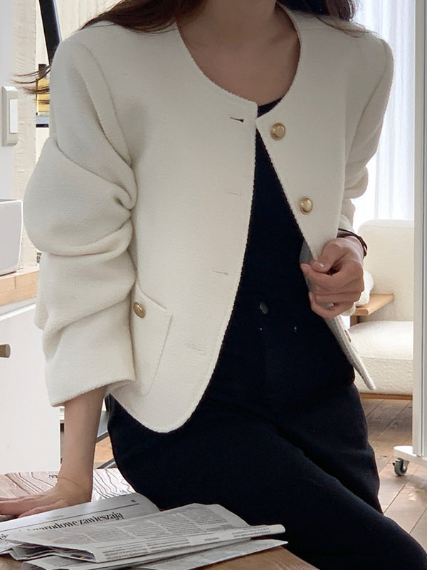 Long Sleeves Loose Buttoned Pockets Round-Neck Outerwear