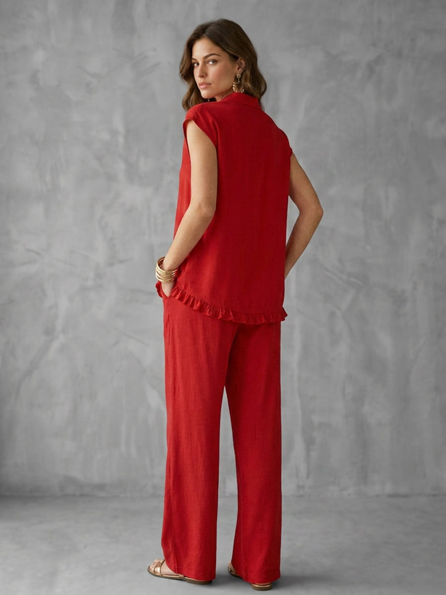 Solid Color Split-Joint Lapel Cap Sleeve Buttoned Ruffled Blouses&Shirts Tops + High Waisted Pockets Pants Trousers Two Pieces Set