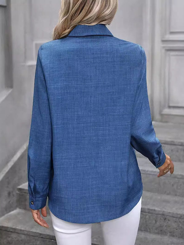 High-Low Long Sleeves Pleated Split-Joint Lapel Blouses&Shirts Tops