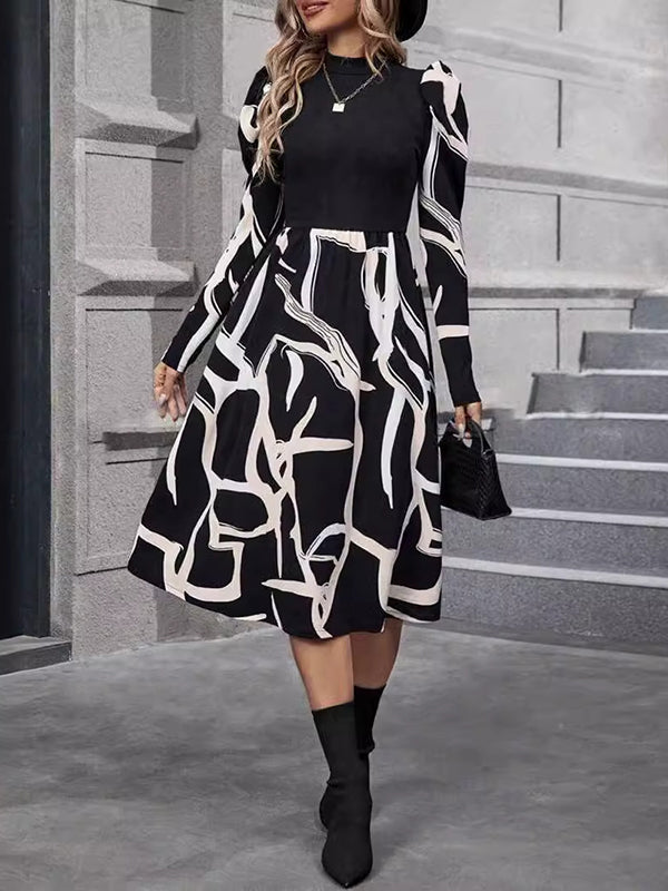 Long Sleeves Printed Split-Joint Stand Collar Midi Dresses