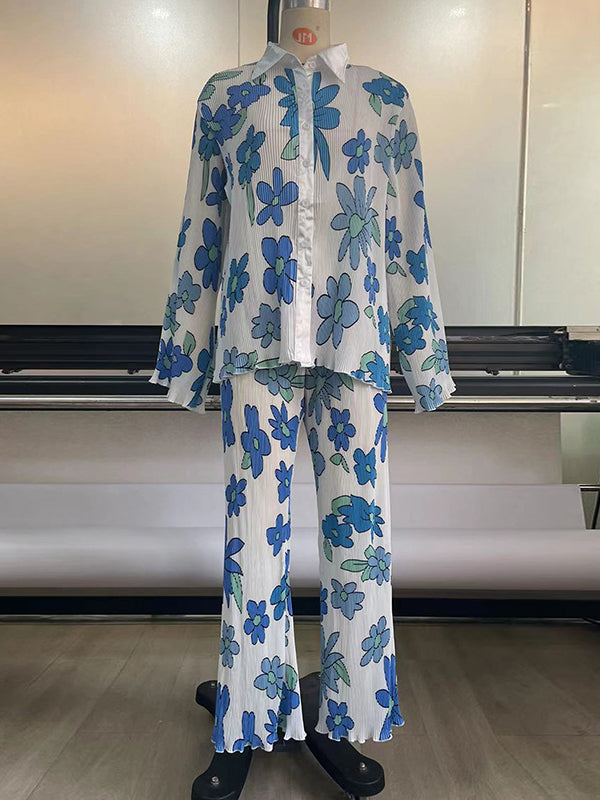 Long Sleeves Loose Buttoned Flower Print Pleated Lapel Shirts Top + Elasticity Pants Bottom Two Pieces Set