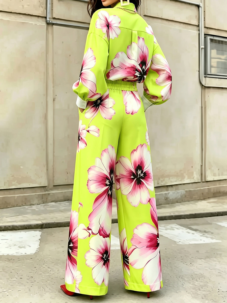 Pockets Flower Print Elasticity Wide Leg High Waisted Trousers Pants