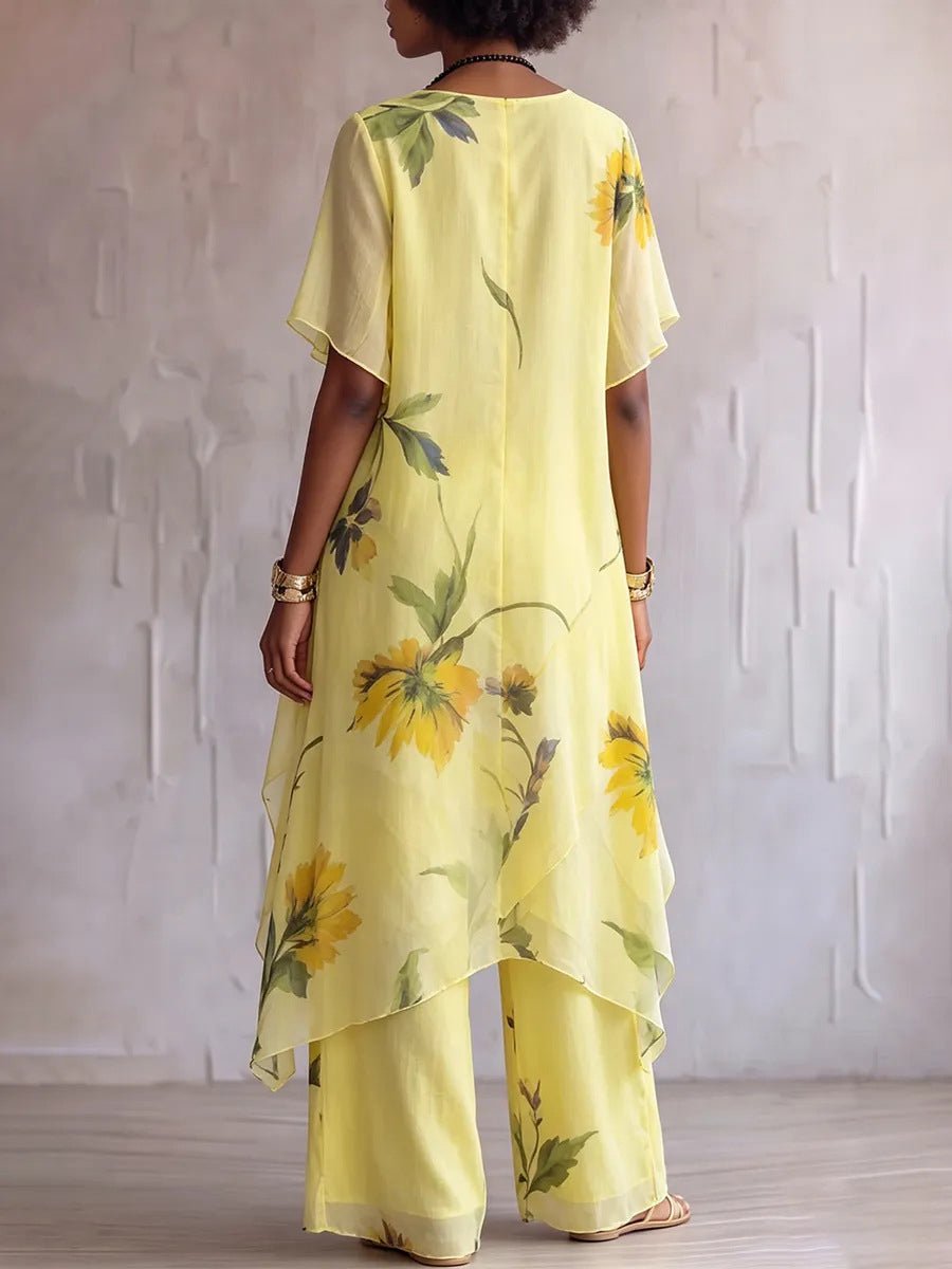 Contrast Color Flower Print See-Through Round-neck High-low Blouses&shirts Tops + High Waisted Pockets Pants Trousers Two Pieces Set