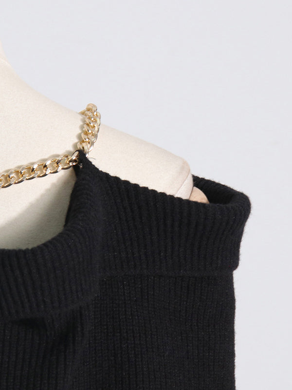 Long Sleeves Loose Chains Heaps Collar Knitwear Pullovers Sweater Tops