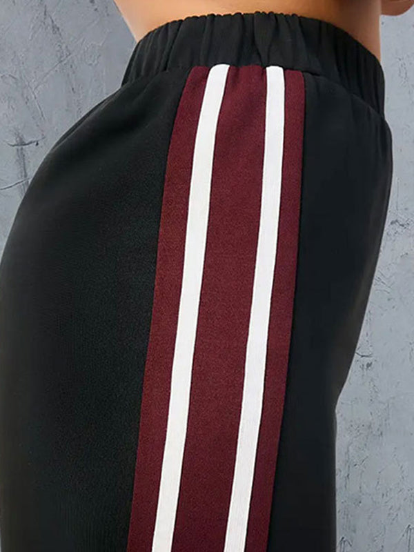 High Waisted Loose Contrast Color Elasticity Pleated Split-Back Split-Joint Striped Skirts Bottoms