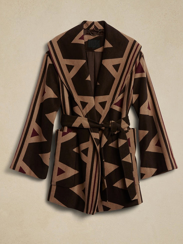 Long Sleeves Loose Pockets Printed Tied Waist Collarless Outerwear Woolen Coat
