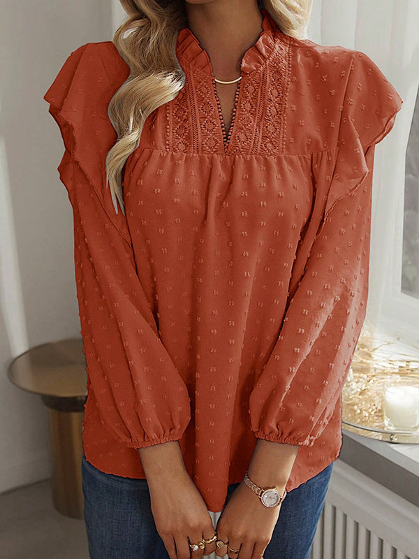 Long Sleeves Loose Elasticity Jacquard Ruffle Trim Solid Color Split-Joint V-Neck Blouses&Shirts Tops