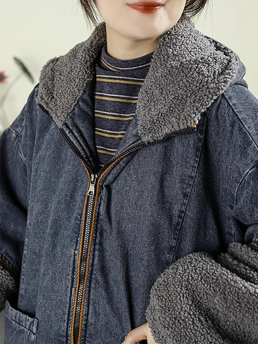 Women Winter Denim Spliced Lamb Fleece Hooded Coat