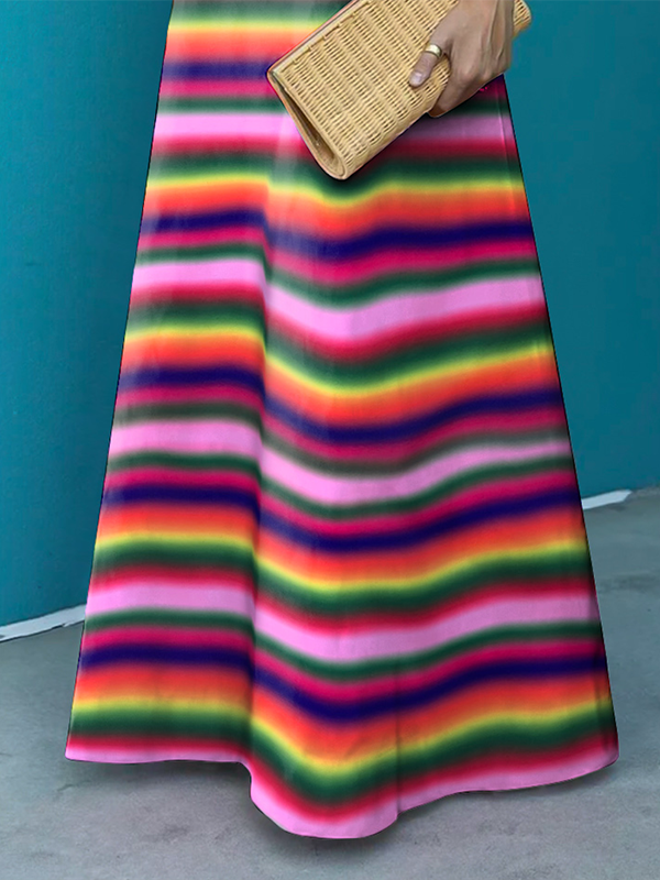 Long Sleeves Loose Contrast Color Striped Stand Collar Maxi Dresses