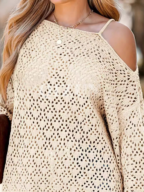 Long Sleeves Loose Hollow Solid Color Asymmetric Collar Pullovers Sweater Tops